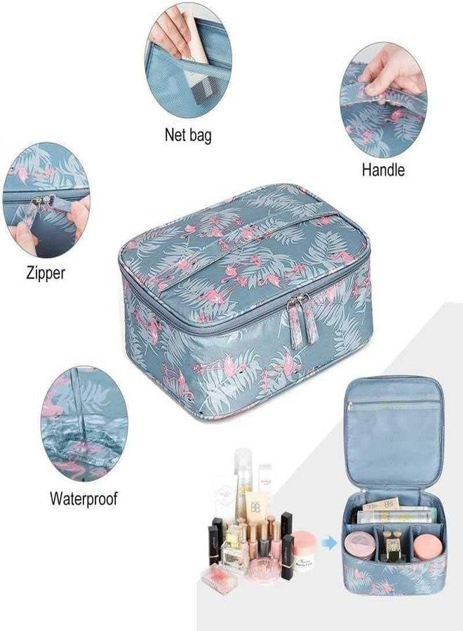 ABTRIX WITH AB Women Makeup Travel Organizer Toiletry Bag, Portable Cosmetic Pouch with Brush Holder, Removable Partition, Waterproof Oxford Fabric, Flamingo Print, Blue - Image 2
