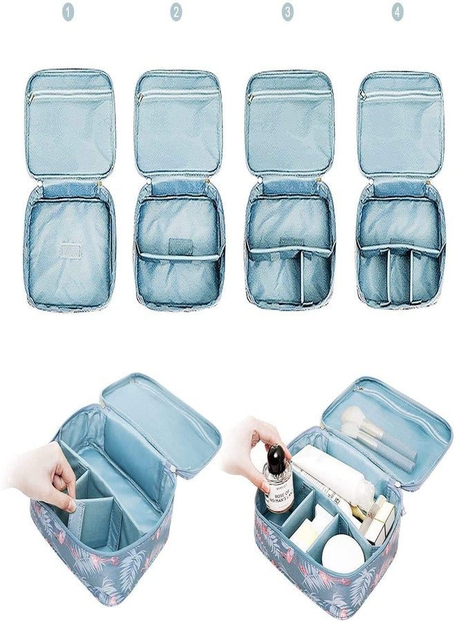 ABTRIX WITH AB Women Makeup Travel Organizer Toiletry Bag, Portable Cosmetic Pouch with Brush Holder, Removable Partition, Waterproof Oxford Fabric, Flamingo Print, Blue - Image 3