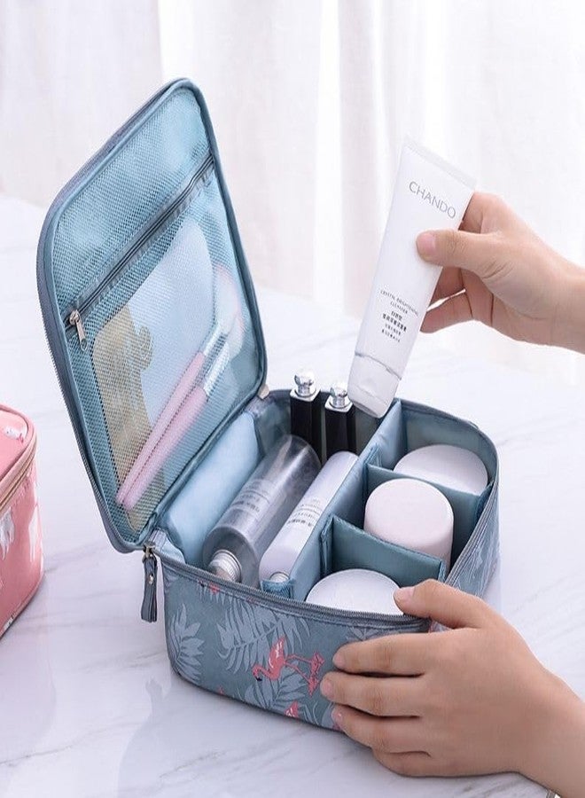 ABTRIX WITH AB Women Makeup Travel Organizer Toiletry Bag, Portable Cosmetic Pouch with Brush Holder, Removable Partition, Waterproof Oxford Fabric, Flamingo Print, Blue - Image 5