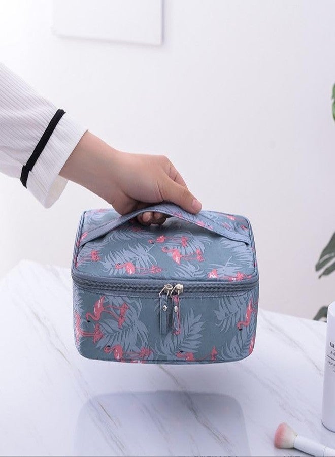 ABTRIX WITH AB Women Makeup Travel Organizer Toiletry Bag, Portable Cosmetic Pouch with Brush Holder, Removable Partition, Waterproof Oxford Fabric, Flamingo Print, Blue - Image 4