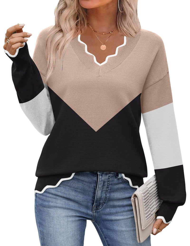 Zeagoo Work Sweaters for Women Dressy Casual 2025 Fall Color Block Tops Long Sleeve V Neck Cute Knit Sweaters Fall Outfits - Image 1