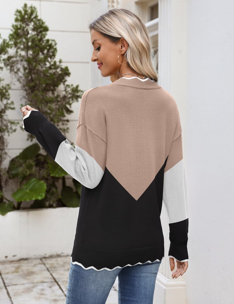 Zeagoo Work Sweaters for Women Dressy Casual 2025 Fall Color Block Tops Long Sleeve V Neck Cute Knit Sweaters Fall Outfits - Image 2