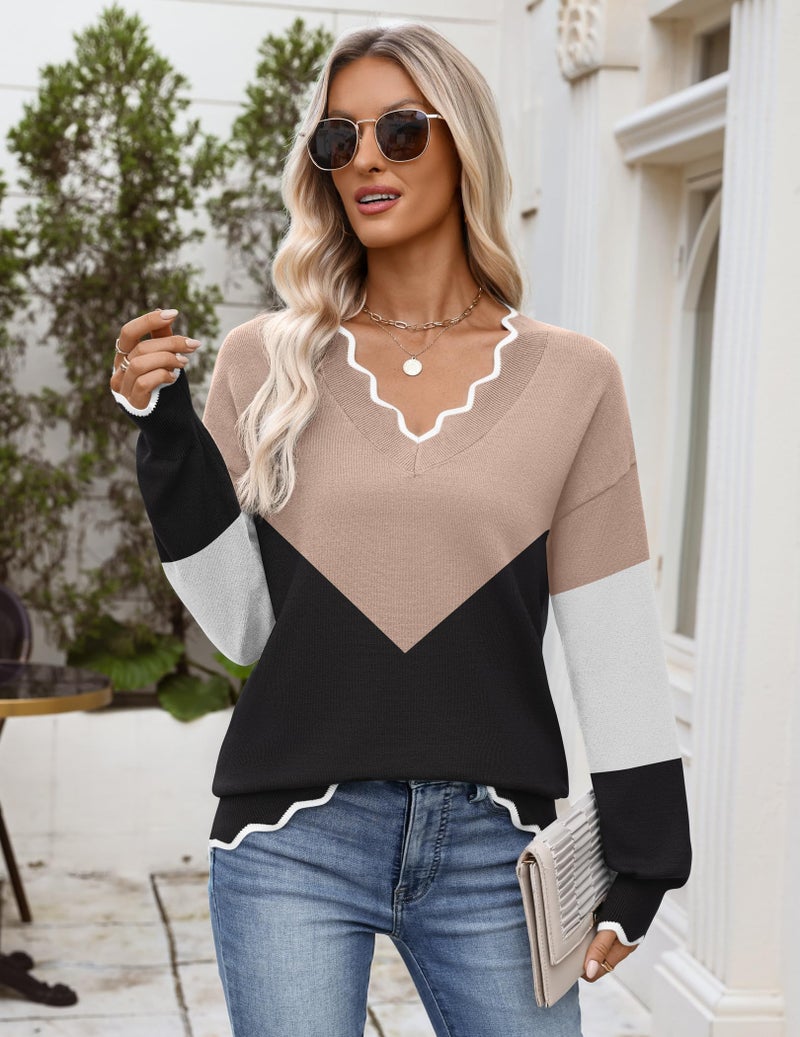 Zeagoo Work Sweaters for Women Dressy Casual 2025 Fall Color Block Tops Long Sleeve V Neck Cute Knit Sweaters Fall Outfits - Image 3