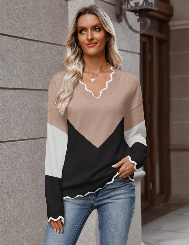 Zeagoo Work Sweaters for Women Dressy Casual 2025 Fall Color Block Tops Long Sleeve V Neck Cute Knit Sweaters Fall Outfits - Image 5