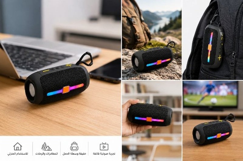 سماعة بلوتوث محمولة مقاومة للماء بإضاءة RGB وصوت ستيريو Bass قوي – مكبر صوت لاسلكي للرحلات والتخييم والحفلات مع مقبض حمل وبطارية قابلة للشحن (اللوان متعددة) - Image 3