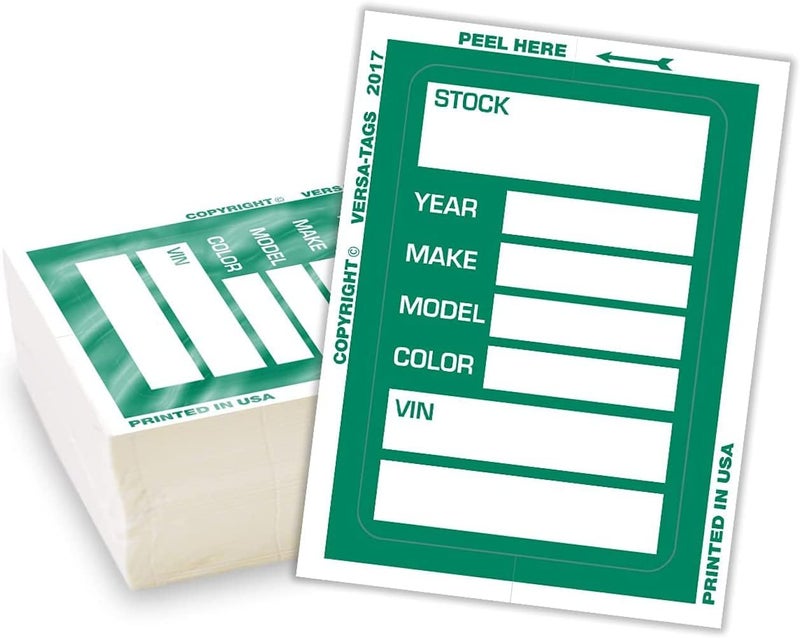 Versa-Tags Car Dealer Stock Stickers Improved Design 100 Green Inventory Window Stickers Car Dealer Window Stickers Kleer-bak Windshield Stickers Printed in The USA 3'' x 4" - Image 1
