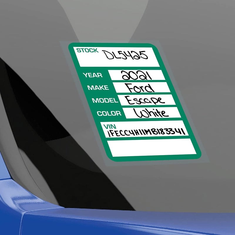 Versa-Tags Car Dealer Stock Stickers Improved Design 100 Green Inventory Window Stickers Car Dealer Window Stickers Kleer-bak Windshield Stickers Printed in The USA 3'' x 4" - Image 4