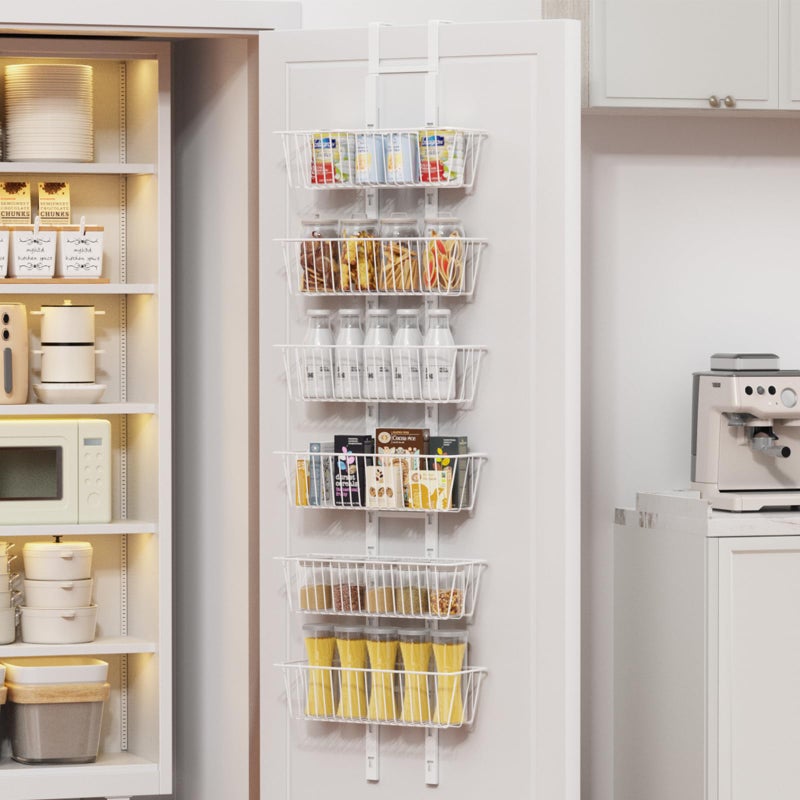 Upesitom 6 Tier Over the Door Pantry Organizer, Foldable Metal Over the Door Hanging Spice Rack with 6 Baskets, Adjustable Hanging Storage Rack for Kitchen, Bedroom, Laundry Room, Bathroom Essentials, White - Image 1
