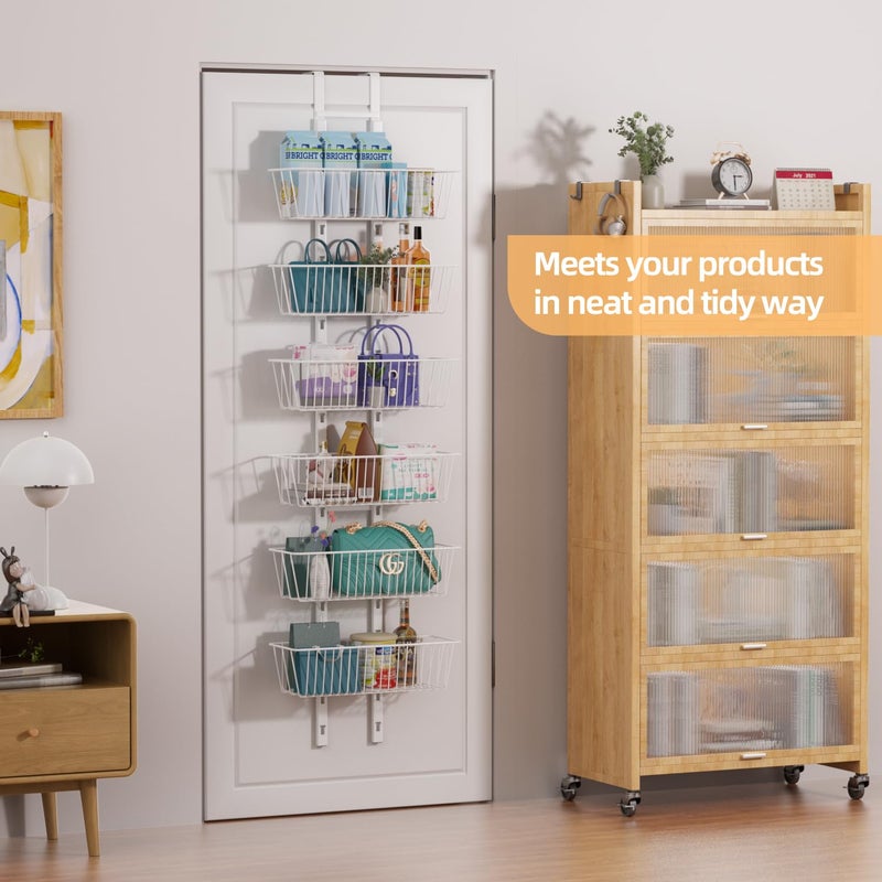 Upesitom 6 Tier Over the Door Pantry Organizer, Foldable Metal Over the Door Hanging Spice Rack with 6 Baskets, Adjustable Hanging Storage Rack for Kitchen, Bedroom, Laundry Room, Bathroom Essentials, White - Image 2
