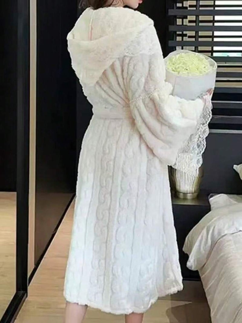 Shein 1pc Women's Wedding Season Tie-Front Hooded Bathrobe, Gold Velvet Lace, Patchwork Design, Sweet & Casual - Image 4