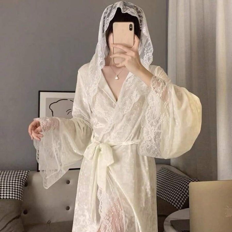 Shein 1pc Women's Wedding Season Tie-Front Hooded Bathrobe, Gold Velvet Lace, Patchwork Design, Sweet & Casual - Image 2