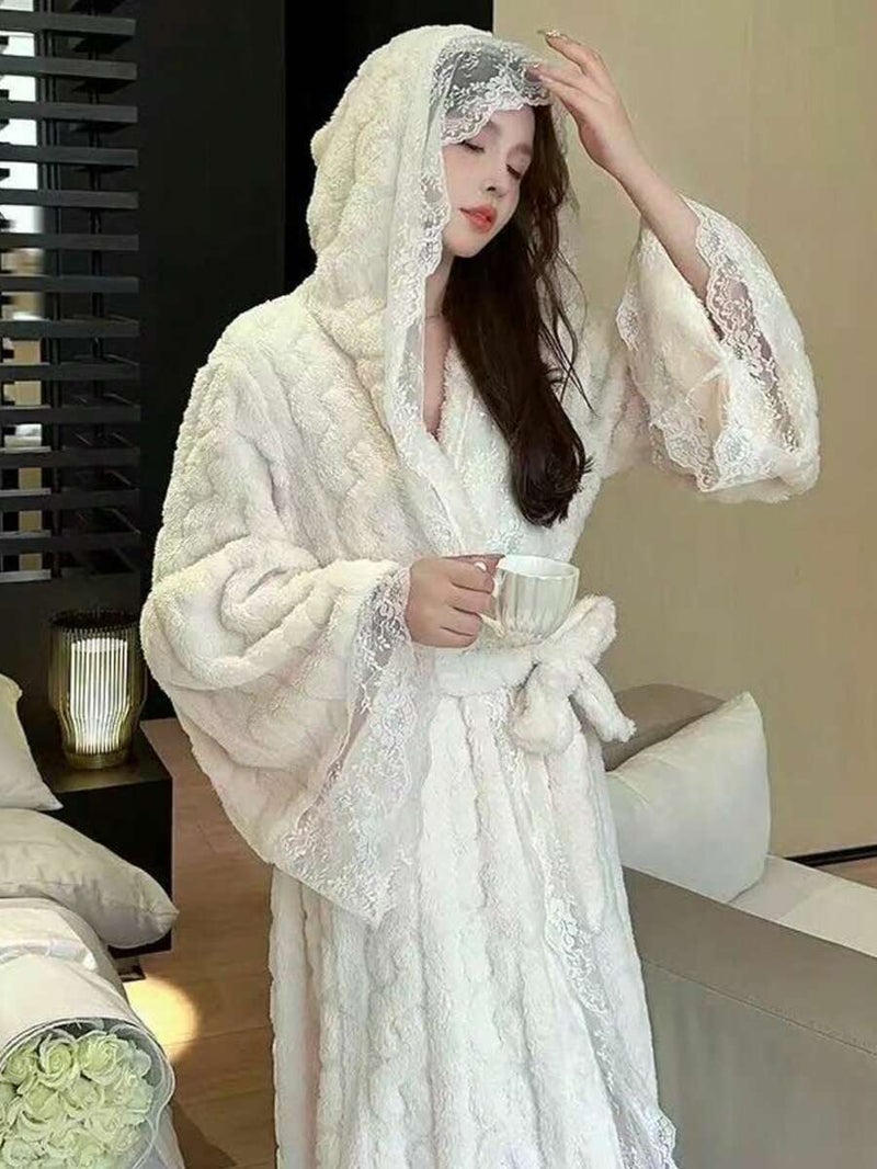 Shein 1pc Women's Wedding Season Tie-Front Hooded Bathrobe, Gold Velvet Lace, Patchwork Design, Sweet & Casual - Image 1