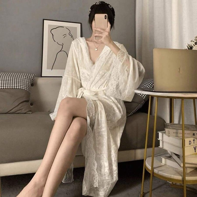 Shein 1pc Women's Wedding Season Tie-Front Hooded Bathrobe, Gold Velvet Lace, Patchwork Design, Sweet & Casual - Image 3