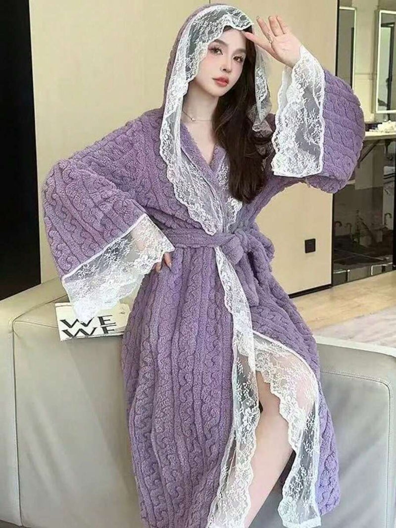 Shein 1pc Women's Wedding Season Tie-Front Hooded Bathrobe, Gold Velvet Lace, Patchwork Design, Sweet & Casual - Image 5
