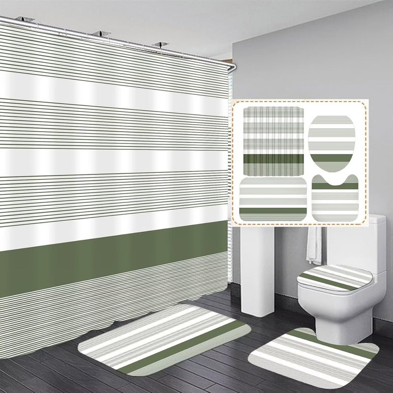 DDQQ 4PCS BOHO Streak Streak Startain Stain مع السجاد SAGE SAGE GREEN Stripe Bathrate Startain مع 12 خطاف ديكور الحمام مع إكسسوارات حمام السجاد مع غطاء المرحاض الحصير - Image 1