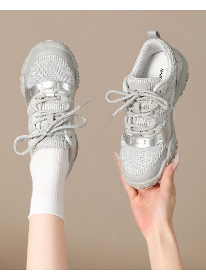 RED DRAGONFLY Metallic Silver Retro Chunky Sneakers Slimming Autumn Winter Versatile Casual Shoes Soft Sole Comfortable Sports Shoes Women's Shoes - Image 1