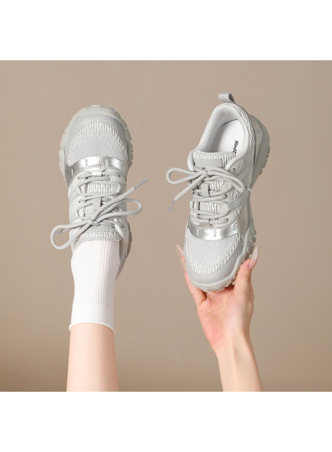 RED DRAGONFLY Metallic Silver Retro Chunky Sneakers Slimming Autumn Winter Versatile Casual Shoes Soft Sole Comfortable Sports Shoes Women's Shoes - Image 2