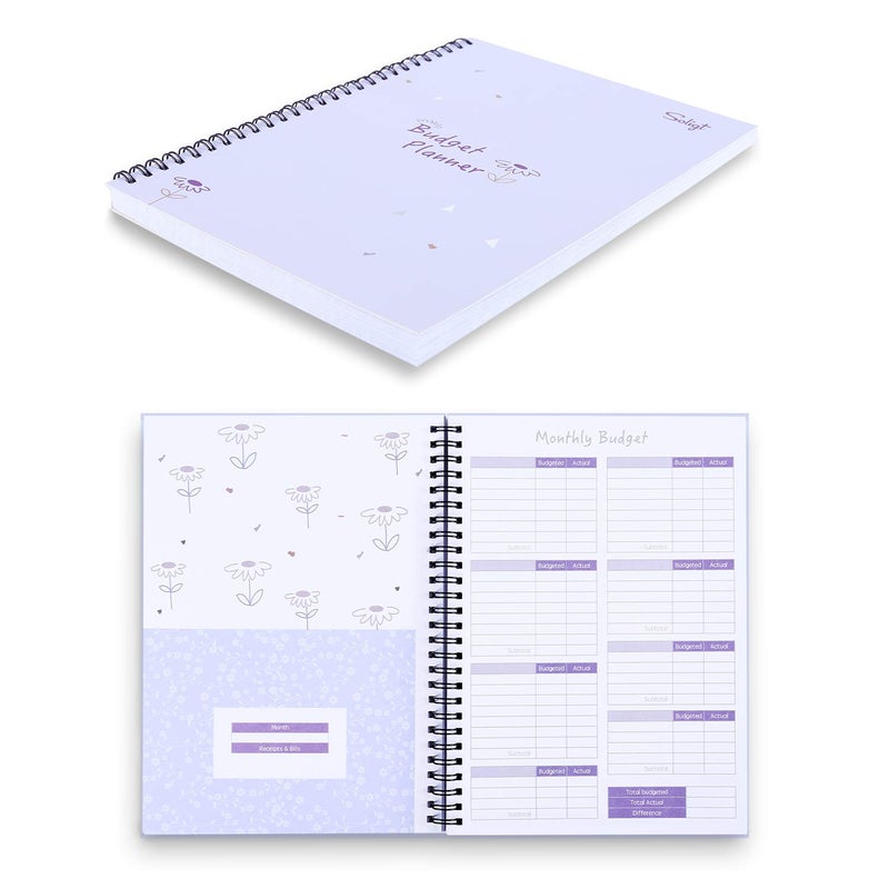 Monthly Budget Planner Book (Undated) with 12 Pockets for Income, Debt, Saving, Expense and Bill Tracker Organizer, Purple, Spiral Design