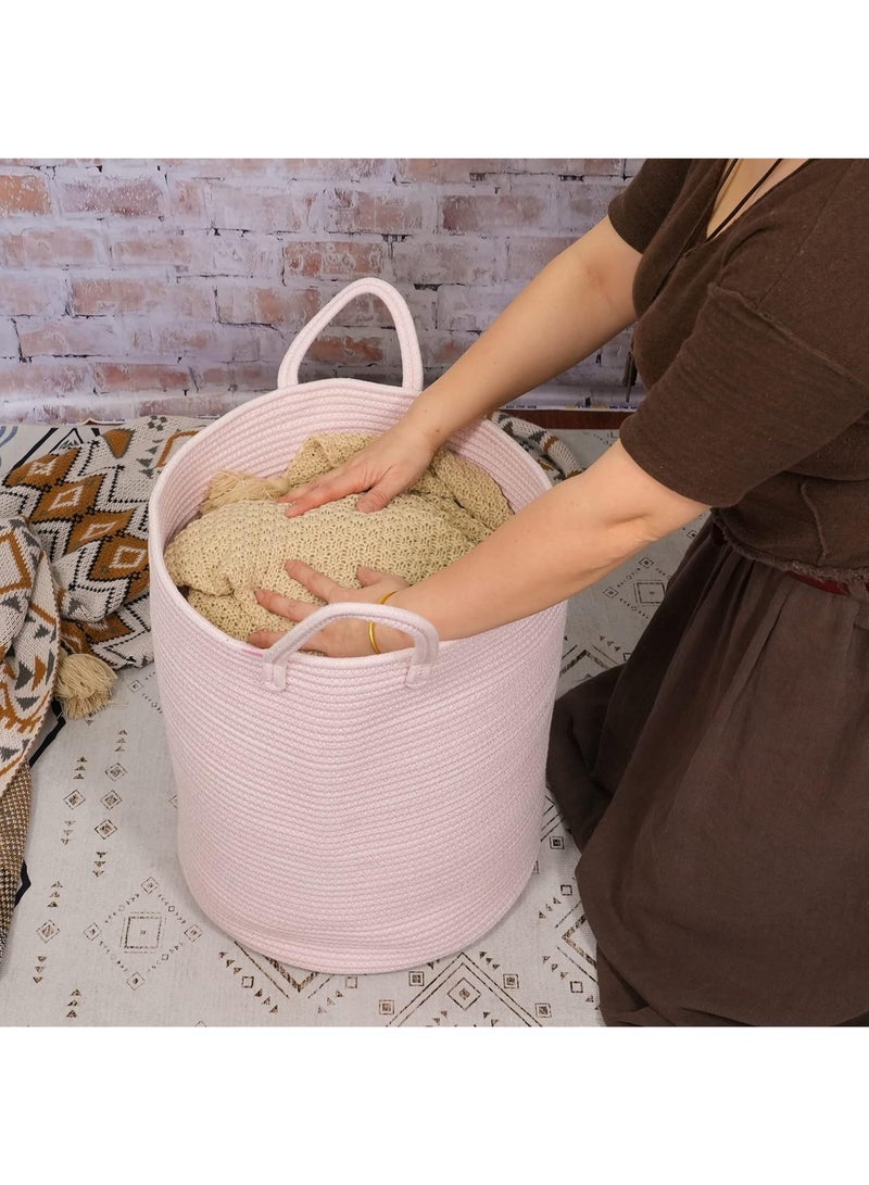 XUANGUO Cotton Rope Laundry Basket Hamper for Girls Kids Baby Nursery Hamper Bin Woven Storage Basket for Living Room Girls room Boho Tall Rope Baskets for Blanket Toys Large light pink - Image 3