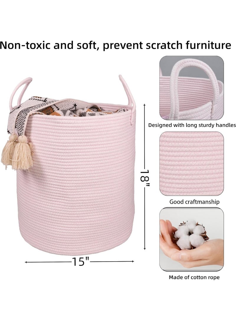 XUANGUO Cotton Rope Laundry Basket Hamper for Girls Kids Baby Nursery Hamper Bin Woven Storage Basket for Living Room Girls room Boho Tall Rope Baskets for Blanket Toys Large light pink - Image 2