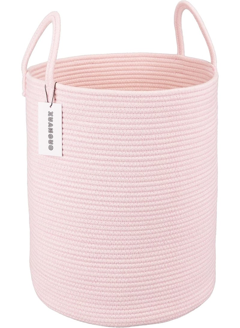 XUANGUO Cotton Rope Laundry Basket Hamper for Girls Kids Baby Nursery Hamper Bin Woven Storage Basket for Living Room Girls room Boho Tall Rope Baskets for Blanket Toys Large light pink - Image 1