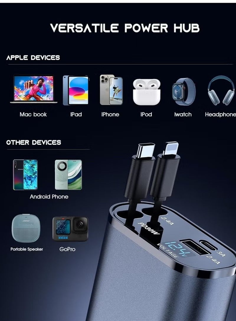 TIGER 120W Car Charger Retractable Cable Compatible with iPhone 16/15/14/13, S25 Ultra, S24 Ultra and Other Android Phones, PD20W / Type-C 40W Fast Car Power Adapter, USB Fast Phone Charger. - Image 3
