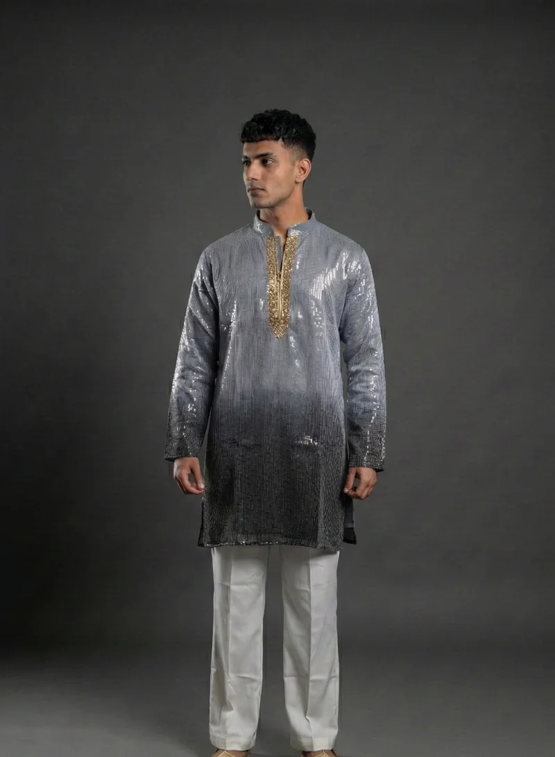 Lehar Men’s Ombré Sequin Embroidered Kurta in Charcoal & Silver Grey