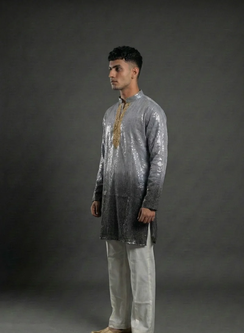 Lehar Men’s Ombré Sequin Embroidered Kurta in Charcoal & Silver Grey