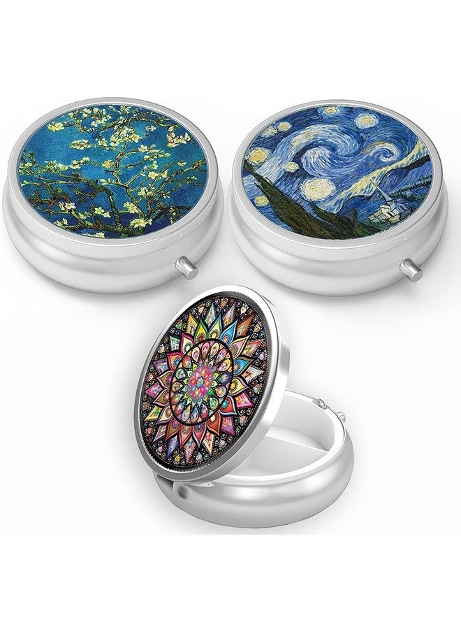 3Pcs Pill Box 3 Compartment,Medicine Pill Case,Portable Pill Box ,for Pocket or Purse Pill Box ,Decorative Metal Medicine Vitamin Organizer Unique Gift. - Image 1