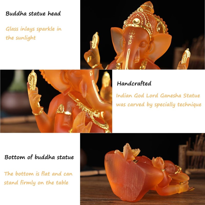 Yahu Lando Indian God Lord Ganesha Statue Orange Lmitation Glass Hindu Elephant Statue Ganpati Idol Buddha Sculptures Hindu Gift Home Temple Mandir Meditation Yoga Room Decor 5.5"" - Image 2