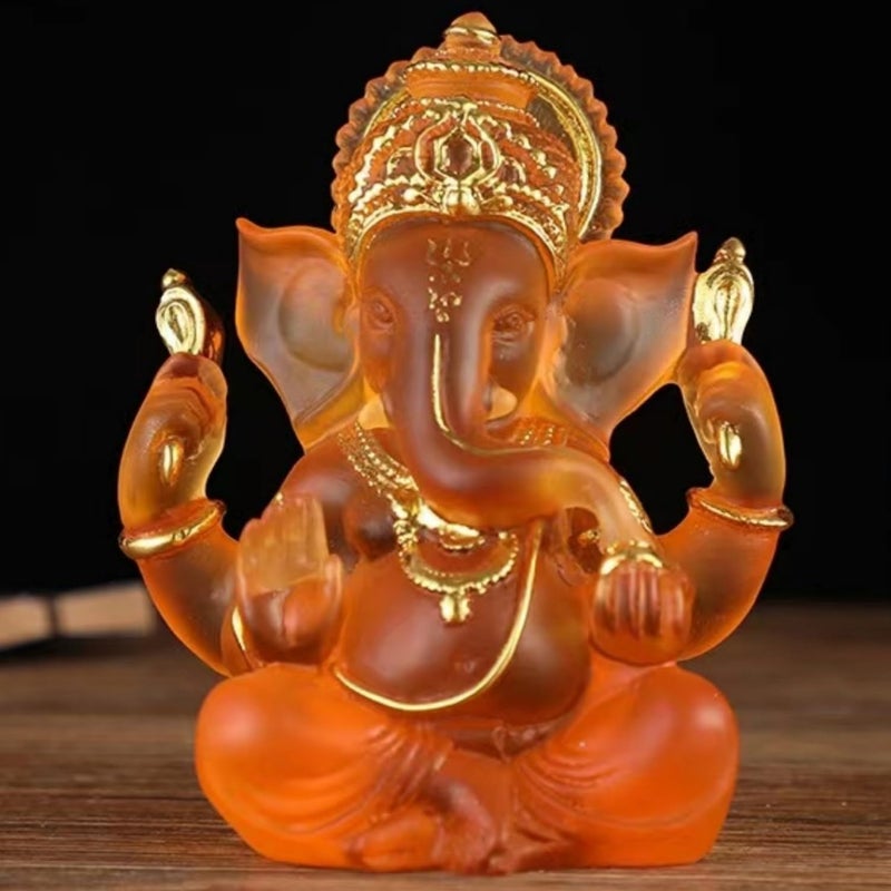 Yahu Lando Indian God Lord Ganesha Statue Orange Lmitation Glass Hindu Elephant Statue Ganpati Idol Buddha Sculptures Hindu Gift Home Temple Mandir Meditation Yoga Room Decor 5.5"" - Image 1