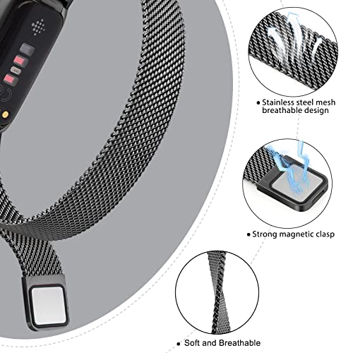Vanjua for Fitbit Inspire 3 Bands Women Men, Stainless Steel Metal Mesh Loop Adjustable Magnetic Wristband Replacement Straps Compatible with Fitbit Inspire 3 Fitness Tracker (Black) - Image 3