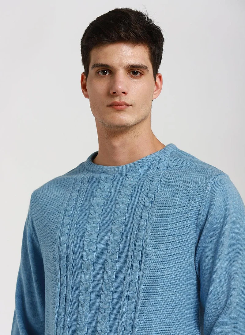 Men's Light Blue 100% Acrylic Solid Slim Sweater