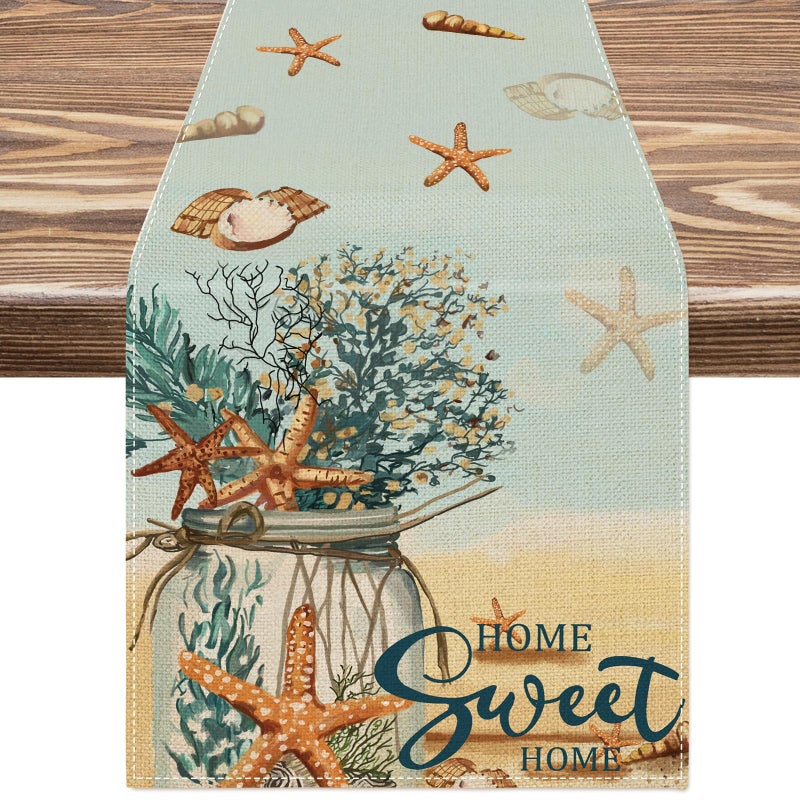 AnyDesign Under The Sea Table Runner 13 x 72 Inch Ocean Theme Table Cover Beach Mason Jar Starfish Shore Dining Table Decor for Summer Indoor Outdoor Home Kitchen Party Restaurant Supplies