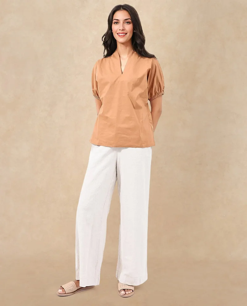 Rareism Women's Short Sleeve V-Neck Cotton Top