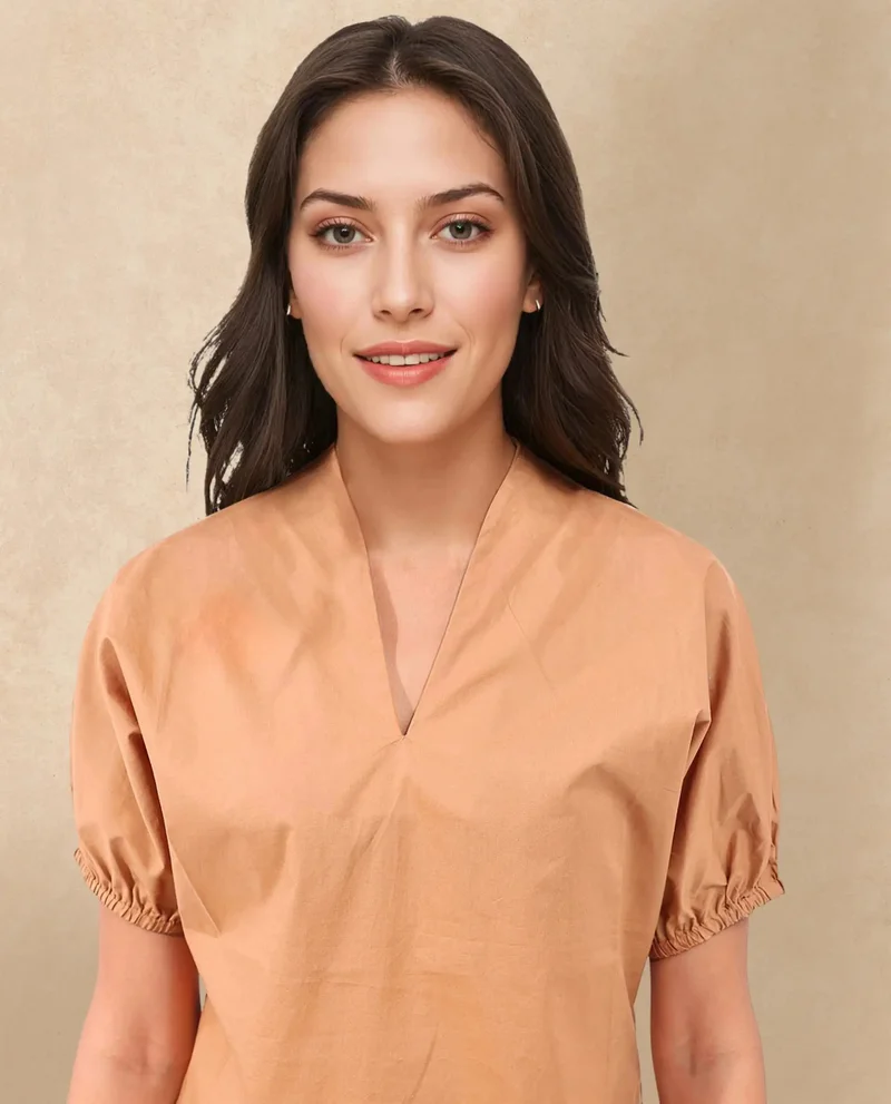 Rareism Women's Short Sleeve V-Neck Cotton Top