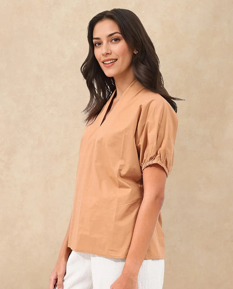Rareism Women's Short Sleeve V-Neck Cotton Top