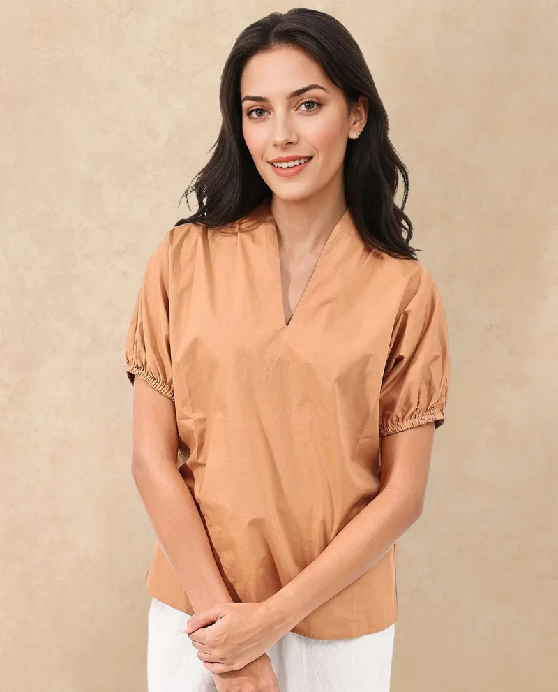 Rareism Women's Short Sleeve V-Neck Cotton Top