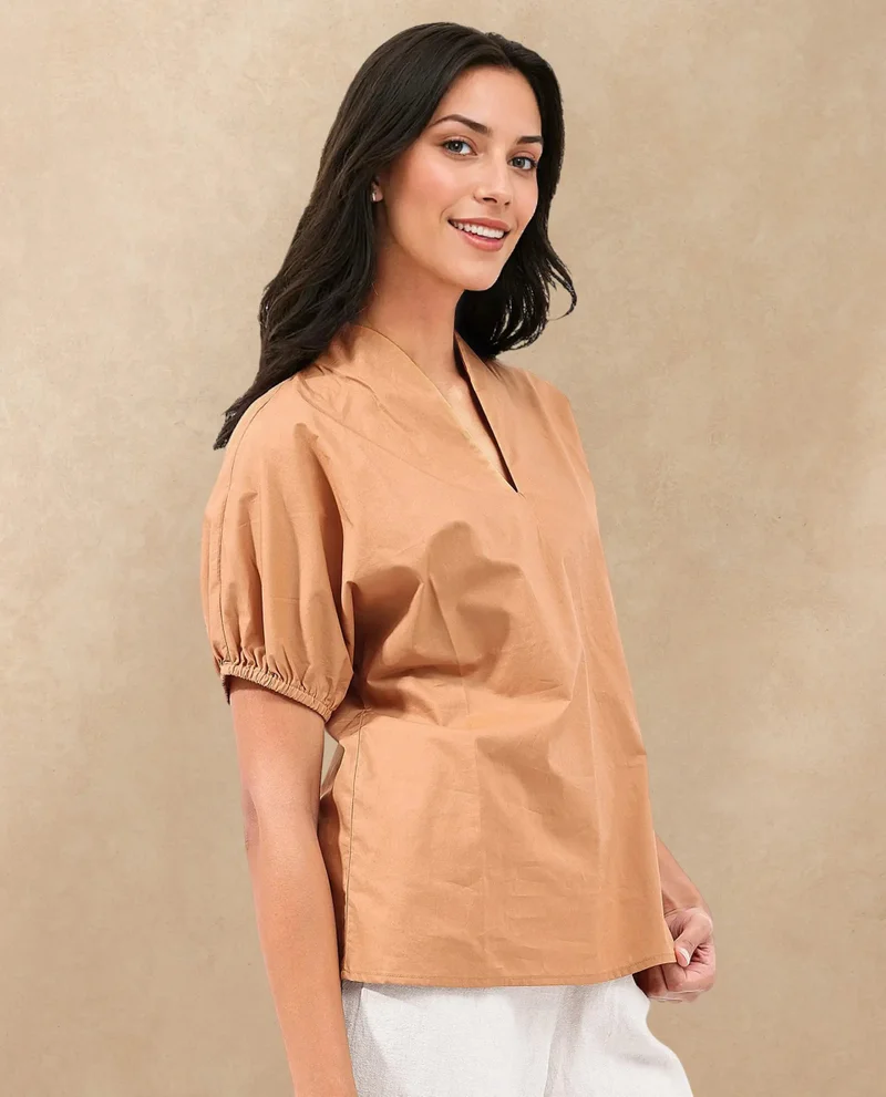 Rareism Women's Short Sleeve V-Neck Cotton Top
