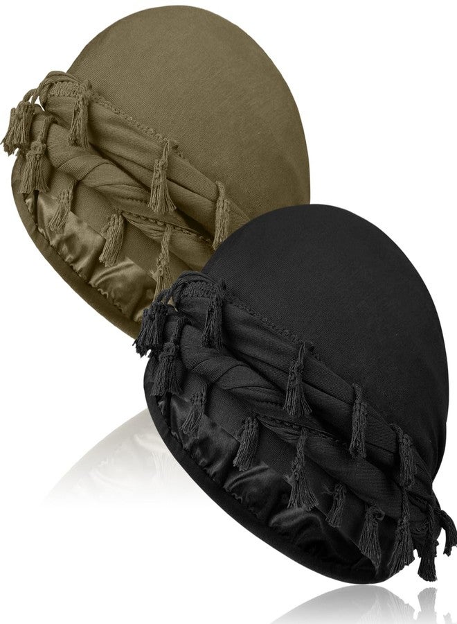 MLTUARG 2 Pcs Satin Lined Turban With Long Twist Straps, Silky Head Wraps for Men, Halo Head Scarf for Hair, Black+olivine, One size - Image 1