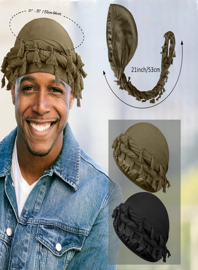 MLTUARG 2 Pcs Satin Lined Turban With Long Twist Straps, Silky Head Wraps for Men, Halo Head Scarf for Hair, Black+olivine, One size - Image 2