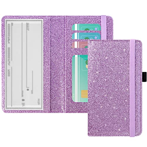 ACdream Checkbook Cover, Leather RFID Blocking Check Book Wallet, Protective Premium Business and Personal Duplicate Checks Holder, with Credit Card Slot for Women Men, Glitter Purple - Image 1