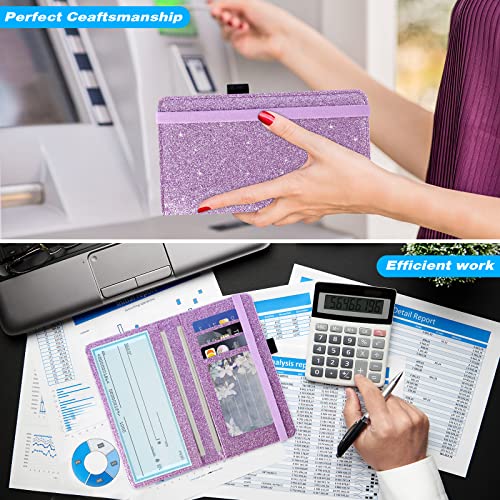 ACdream Checkbook Cover, Leather RFID Blocking Check Book Wallet, Protective Premium Business and Personal Duplicate Checks Holder, with Credit Card Slot for Women Men, Glitter Purple - Image 3