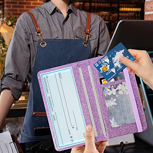 ACdream Checkbook Cover, Leather RFID Blocking Check Book Wallet, Protective Premium Business and Personal Duplicate Checks Holder, with Credit Card Slot for Women Men, Glitter Purple - Image 2