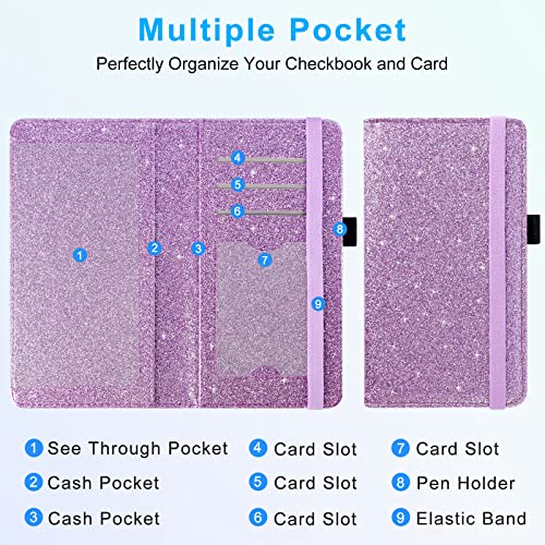 ACdream Checkbook Cover, Leather RFID Blocking Check Book Wallet, Protective Premium Business and Personal Duplicate Checks Holder, with Credit Card Slot for Women Men, Glitter Purple - Image 5