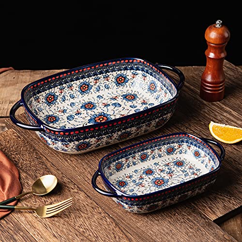 ONECCI Baking Dish Ceramic Baking Pan Blue Casserole Dish Rectangular Baking Set 2pcs Bakeware Sets Lasagna Pan Baking Dishes for oven (Blue plasma grass) - Image 5