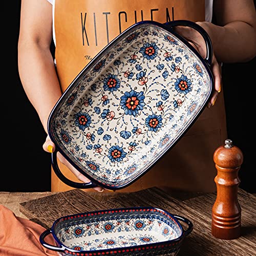 ONECCI Baking Dish Ceramic Baking Pan Blue Casserole Dish Rectangular Baking Set 2pcs Bakeware Sets Lasagna Pan Baking Dishes for oven (Blue plasma grass) - Image 4