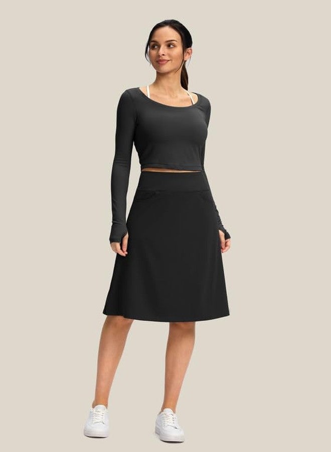 Viodia 25" Knee Length Skorts Skirts for Women with Zipper Pockets Stretchy Modest Aline Midi Skort for Casual Summer Travel Black - Image 3