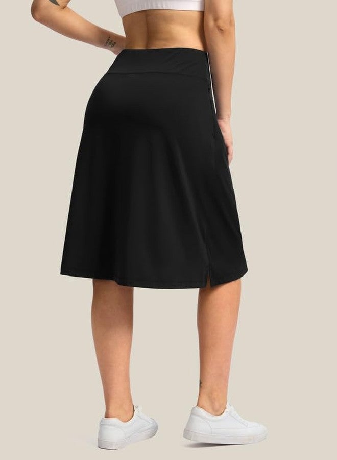 Viodia 25" Knee Length Skorts Skirts for Women with Zipper Pockets Stretchy Modest Aline Midi Skort for Casual Summer Travel Black - Image 2
