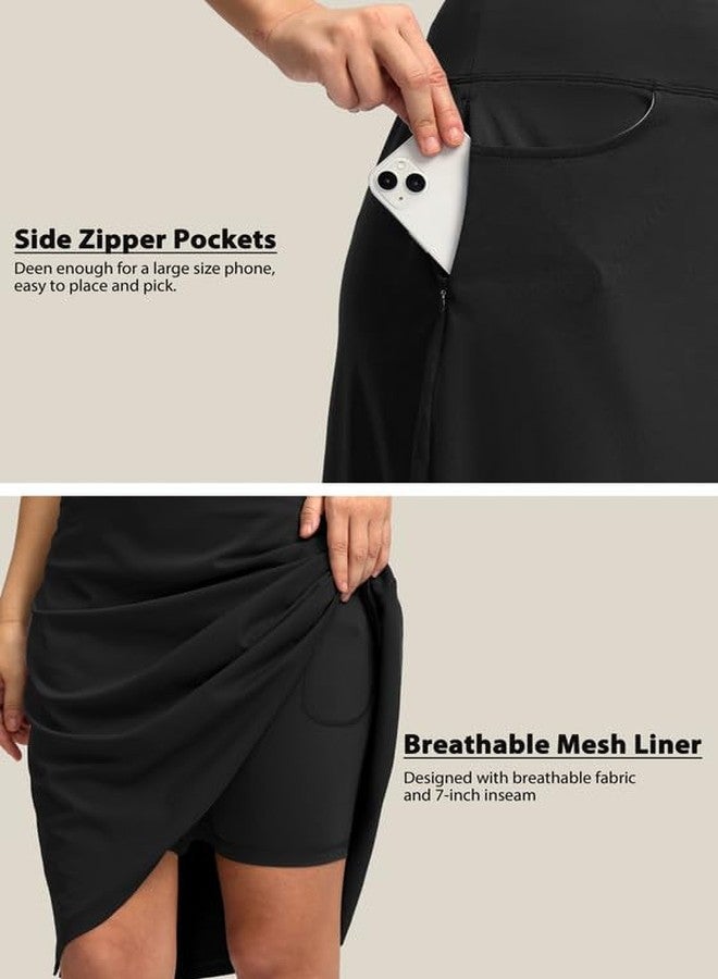 Viodia 25" Knee Length Skorts Skirts for Women with Zipper Pockets Stretchy Modest Aline Midi Skort for Casual Summer Travel Black - Image 5